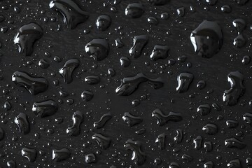 Water droplets glisten on a smooth black surface, creating a striking contrast and a sense of tranquility.