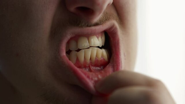 Yellow and covered teeth.
A man with covered teeth.
Open mouth.
A man shows his teeth to the dentist