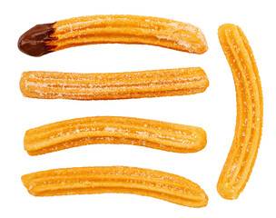 Churros isolated on white. Flying Fried churros with sugar cristals and melting chocolate  in the air. Levitating Traditional Spanish dessert. Top view. Flat lay