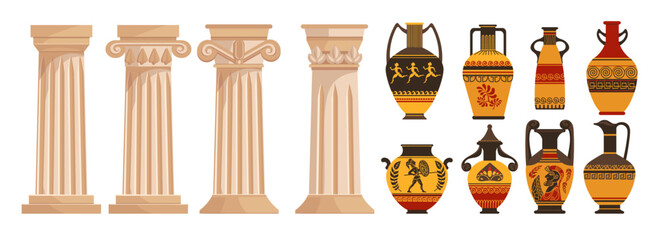 Greek columns and amphorae. Ancient ceramic vases. Marble capitals. Ionic, Doric, Corinthian orders. Antique clay jars. Historical jugs and Athens stone pillars. Splendid vector set