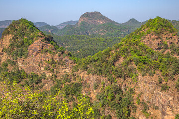 Beautiful view of satpura mountain range, View from Chouragarh Lord Shiva temple, Pachmarhi, Madhya Pradesh, India.