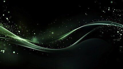 黒い背景と緑色のキラキラした粒子が波の様に舞うCG画像