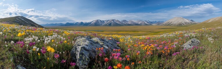 Obraz premium A breathtaking panorama of the Kotzebue tundra showcasing vibrant wildflowers under a clear sky in summer's golden hours