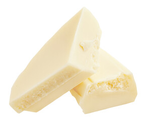 White chocolate bar with pieces isolated on white background. Delisious white Chocolate macro.