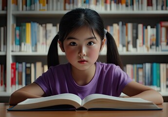 A young Asian girl with black hair and bangs is reading an open book on the table, wearing a purple short-sleeved shirt.