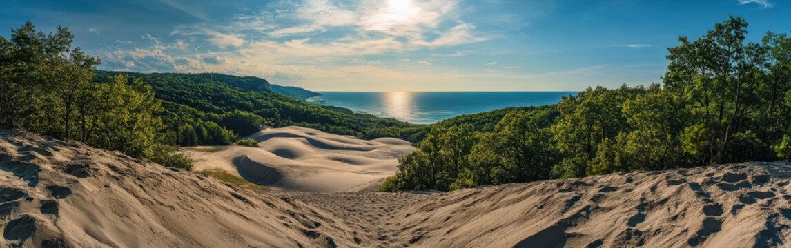 A breathtaking panorama of the Sleeping Bear Dunes at sunset, showcasing lush greenery and tranquil waters along the Lake Michigan shoreline