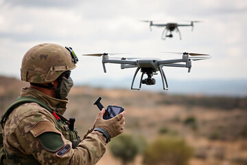 Military operator use rc for controls FPV UAV drone
