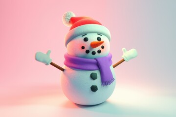 A friendly snowman wearing a purple scarf and a red hat.