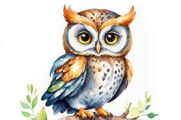 Watercolor cartoon owl on a white background