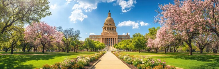 A breathtaking panorama of Oklahoma State Capitol surrounded by vibrant spring blossoms and lush greenery