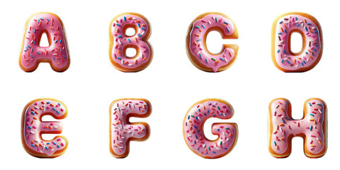 Alphabet Donut Letters A, B, C, D, E, F, G, H : Pink frosted donuts shaped as letters A to H with colorful sprinkles