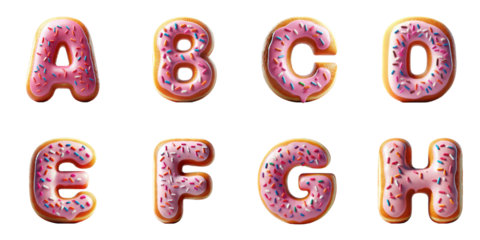 Alphabet Donut Letters A, B, C, D, E, F, G, H : Pink frosted donuts shaped as letters A to H with colorful sprinkles