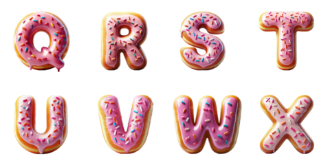 Alphabet Donut Letters Q, R, S, T, U, V, W, X : Pink frosted donuts shaped as letters Q to X with colorful sprinkles