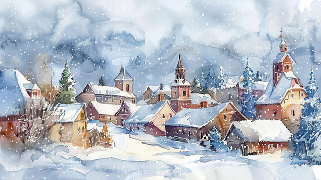A watercolor illustration of a snovy small village. Perfect for banners, promotions, social media, labels, stickers, flyers, holiday cards, advertisements and announcements.