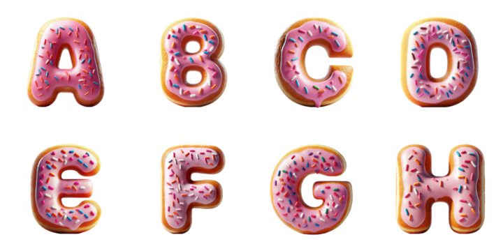 Alphabet Donut Letters A, B, C, D, E, F, G, H : Pink frosted donuts shaped as letters A to H with colorful sprinkles