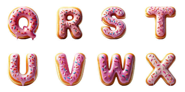 Alphabet Donut Letters Q, R, S, T, U, V, W, X : Pink frosted donuts shaped as letters Q to X with colorful sprinkles