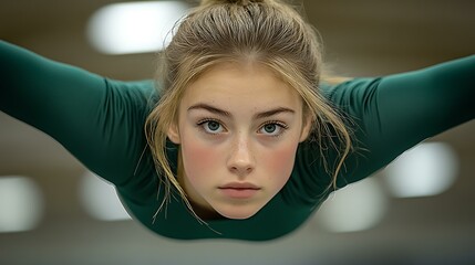 Gymnast holding a handstand on uneven bars, intense concentration, indoor arena.