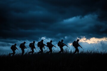 World War Soldiers Silhouette Below Cloudy Skyline At night 