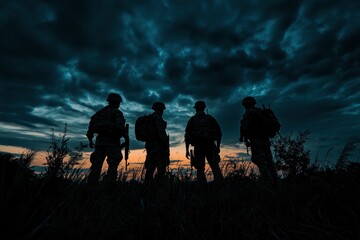 Fototapeta premium World War Soldiers Silhouette Below Cloudy Skyline At night 