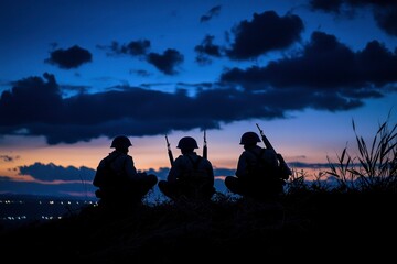 World War Soldiers Silhouette Below Cloudy Skyline At night 