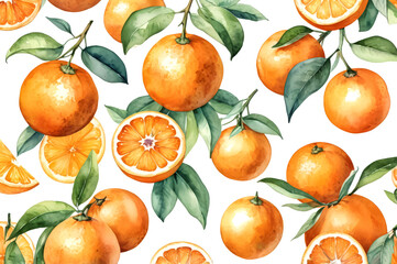 White background with painted orange watercolor oranges and slices. Pattern