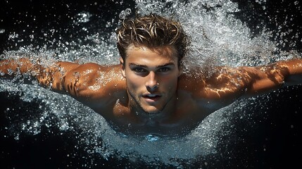 Fototapeta premium Swimmer diving into the pool with perfect form, water splashing, high-speed shot.