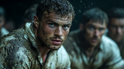 Rugby players in a scrum, intense energy, mud flying, action-packed scene.