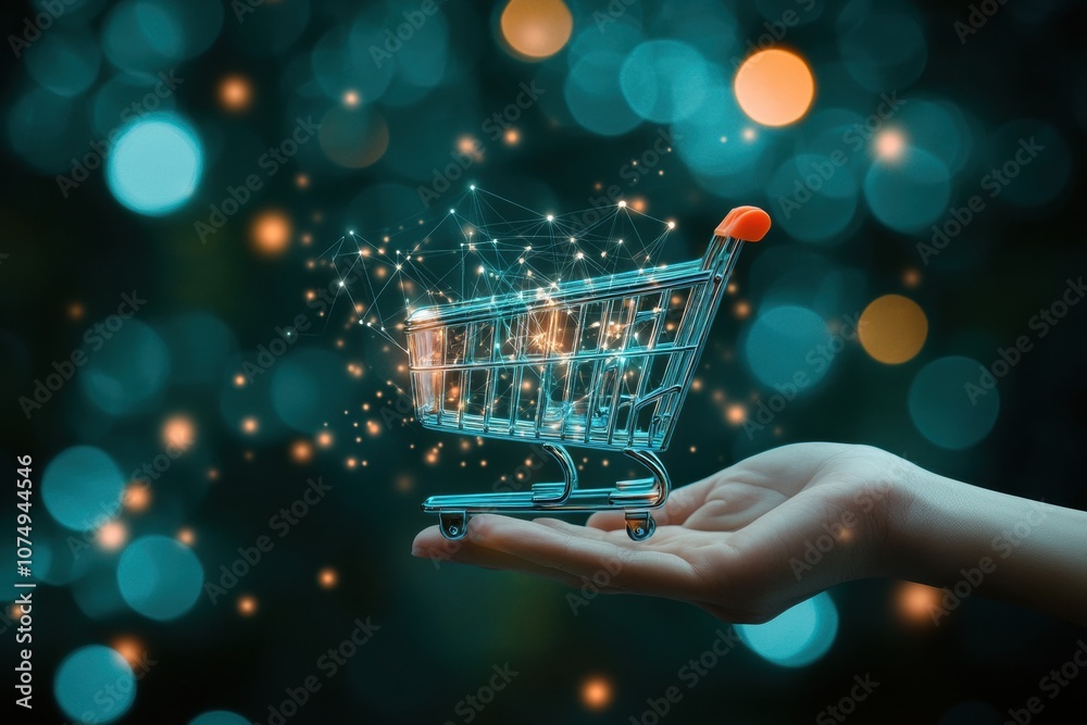 Aufkleber a hand balances an abstract shopping cart filled with vibrant lights, symbolizing the fusion of shop