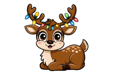 Fototapeta premium Cute cartoon reindeer with Christmas lights on its antlers.