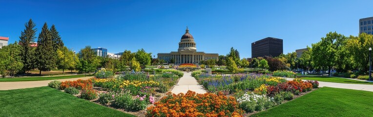 Stunning panorama of the Idaho State Capitol surrounded by vibrant gardens on a clear sunny day