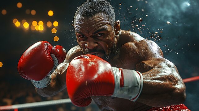 Professional boxer landing a powerful uppercut, intense ring action, crowd in the background.