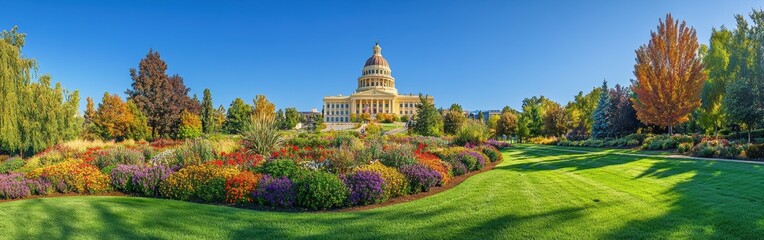 A captivating panorama of the Idaho State Capitol surrounded by vibrant landscaping and colorful autumn foliage on a clear blue sky day