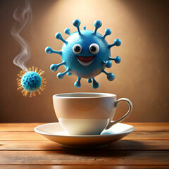 A blue germ floating above a tea mug mid-air, set against a white background,