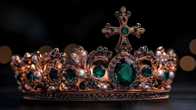 A magnificent, ornately designed crown embellished with emerald jewels and pearls captures timeless elegance, reminiscent of royal regalia, wealth, and prestige.