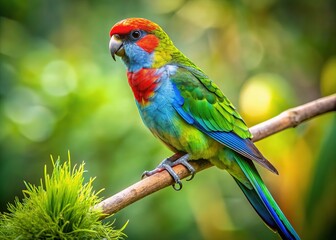 Obraz premium Green rosella parrot close-up. Elegant photo, versatile copy space.