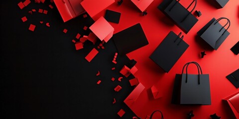 Flat lay of black and red shopping bags, gift boxes, and credit cards on a contrasting red and black background, creating a luxurious and minimalist retail theme