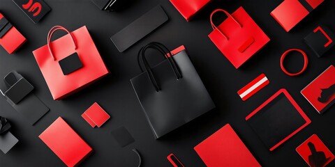 Flat lay of red and black shopping bags, gift boxes, credit cards, and accessories on a dark background, creating a stylish, minimalist, and luxurious shopping theme