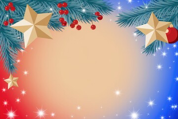Christmas background with red and blue gradient  pine branches  stars  and ornaments