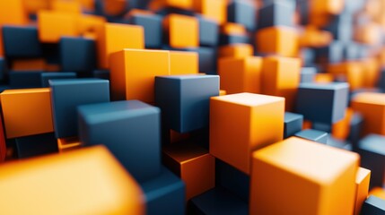 Obraz premium A close-up of a 3D arrangement of orange and blue cubes, creating a modern abstract design.