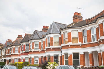 Row of traditional English terraced houses in Harringay, London, UK