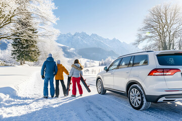 Family winter road trip to snowy mountains