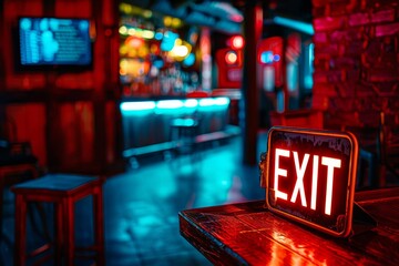 Bright Exit Sign in Dimly Lit Bar Interior