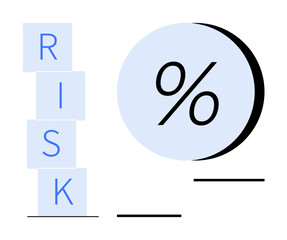 Stacked boxes spelling RISK beside a large percentage symbol, symbolizing financial and business risk evaluation. Ideal for finance, investment, insurance, risk management, business strategy