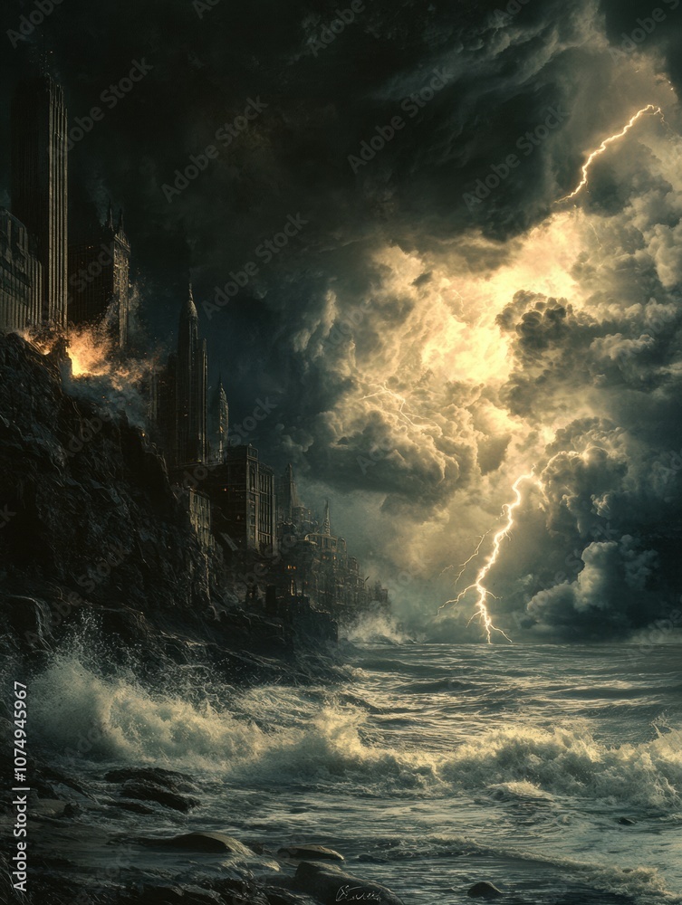 Poster a fierce storm is developing over a coastal city, as ominous clouds gather and lightning flashes acr