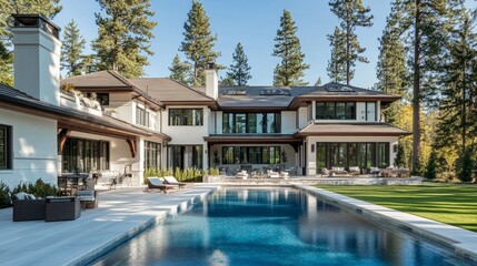 Elegant luxury home with a white and wood design, featuring a large pool and tall pine trees providing a tranquil backdrop on a sunny day -