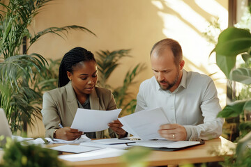 Diverse colleagues reviewing documents in office with plants