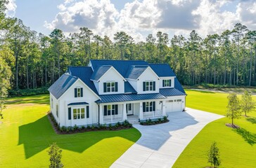 Fototapeta premium Aerial view of a modern farmhouse-style home with a white and blue roof, white walls, gray trim, black windows, and a large front porch