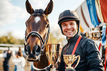 Smiling jockey with trophies alongside winning horse