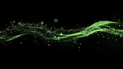 黒い背景と緑色のキラキラした粒子が波の様に舞うCG画像