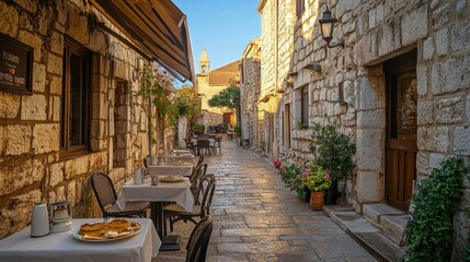 Obraz premium A charming outdoor café nestled in the quaint streets of Budva’s old town, inviting visitors to enjoy a meal under the sun